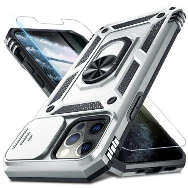 Imagem de Janmitta Capa para iPhone 11 Capa de telefone embutida para lente de câmera deslizante + protetor de tela, capa de telefone de corpo inteiro resistente à prova de choque com suporte de anel de dedo