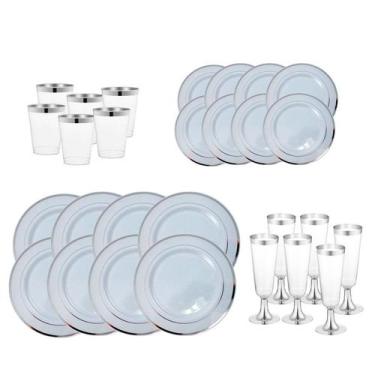 Imagem de KIT 5 CONVIDADOS  Copo Taça Prato Descartável de Luxo Prata - udlandia