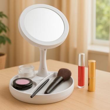 Imagem de ESPELHO MAQUIAGEM LED DUPLA FACE AUMENTO 10X LUPA ILUMINADA DOBRAVEL BASE ORGANIZADORA PORTA COSMETICOS MESA MULTIFUNCIONAL