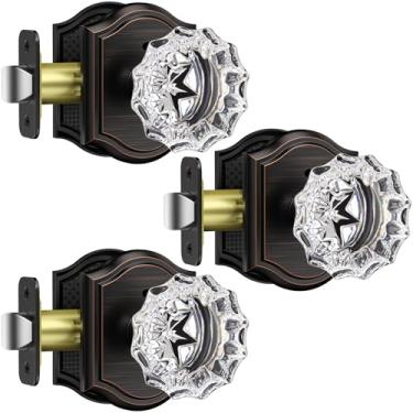 Imagem de MAXECURITY Pacote com 3 maçanetas de porta de vidro, maçanetas de porta de cristal em forma de roseta com trava, maçanetas de bronze polido a óleo interior vidro