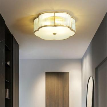 Imagem de MIXL - Luminária de teto de vidro com nervuras em forma de flor, luminária de latão antigo para quarto, luminária suspensa de LED regulável, lâmpada de teto moderna de meados do século para sala de