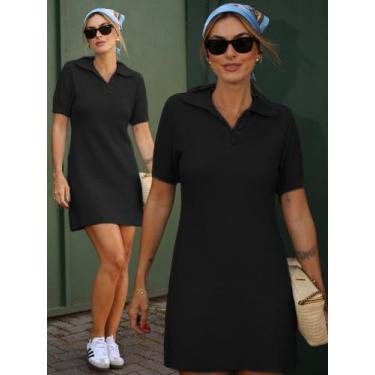 Imagem de Vestido Feminino Midi Curto Gola Polo Tricot Modal Manga Curta Botões 