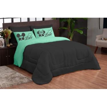 Imagem de Kit edredom LOVE 05 peças queen dupla face microfibra Verde Preto - th