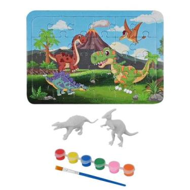 Imagem de Kit Pintura Dino Quebra-cabeça Sortidos Pincel E Tintas Original Dm to