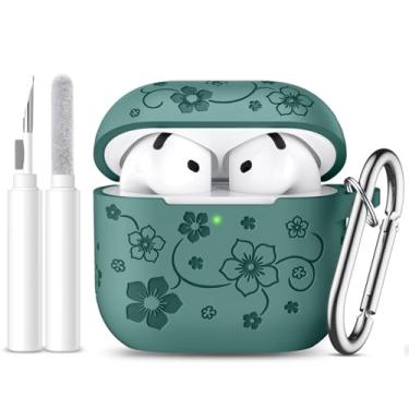 Imagem de Dgege Capa para AirPods 4 (2024), linda capa de flor gravada compatível com Apple Airpods 4, capa protetora completa de silicone macio para AirPods 4 com chaveiro e kit de limpeza para mulheres