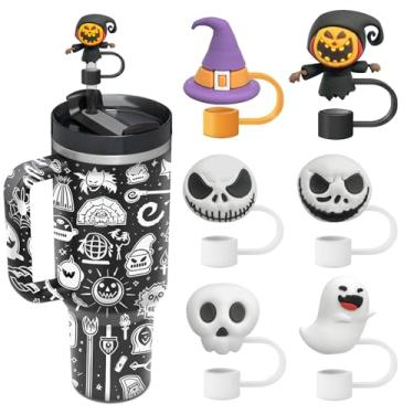 Imagem de Capa de palha de Dia das Bruxas, cobertura de palha fantasma, capa de canudo de caveira para copo Stanley, copo reutilizável, à prova de poeira, capa de ponta de canudo para presente de festa de