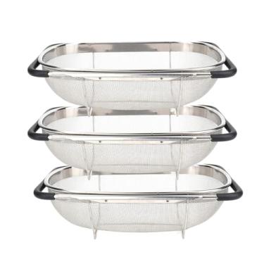 Imagem de Pacote com 3 Escorredor oval de aço inoxidável de qualidade premium sobre a pia com cesta de filtro de 6 litros de malha fina e alças expansíveis de borracha - coe, escorra, enxágue frutas, legumes