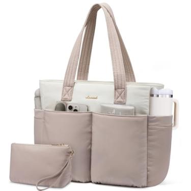 Imagem de LOVEVOOK Sacola acolchoada com 8 bolsos e bolsa de cosméticos, bolsa de trabalho impermeável para mulheres, trabalho, viagem, academia, Rosa/bege, 15.6 Inch