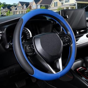 Imagem de SEG Direct Capa de volante para rodas de 37-38 cm, couro sintético respirável com laterais perfuradas, aderência antiderrapante, ajuste universal para carros e SUVs, preto e azul