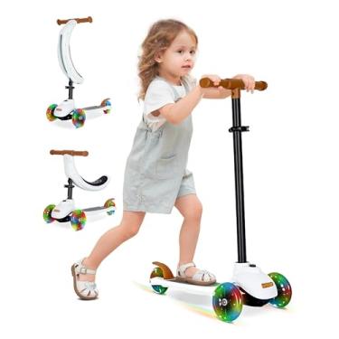 Imagem de KRIDDO Scooter infantil 3 em 1, inclinada para dirigir, scooter infantil com altura ajustável, 3 rodas iluminadas, ideal para uso interno e externo, presente para crianças de 1,5 a 5 anos, branco G