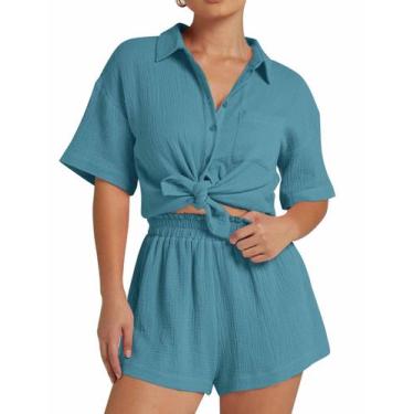 Imagem de Conjunto de linho Flygo feminino de 2 peças, pijama Steelblue S Resort