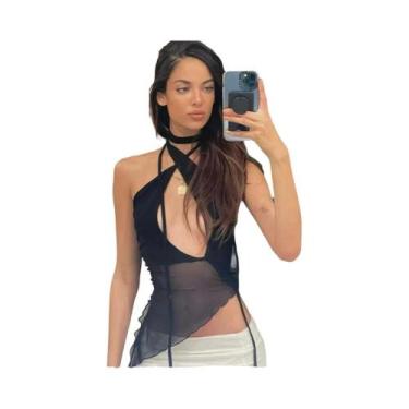 Imagem de Top Feminino Sexy De Malha Com Alças Cruzadas, Sem Mangas, Costas Vaza