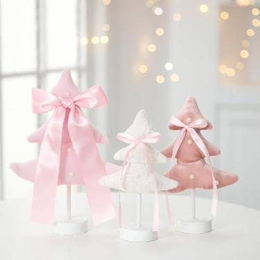 Imagem de Amyhill 3 peças de decoração de mesa de árvore de Natal rosa e branca, 3 tamanhos, coquete, lindas árvores de Natal de madeira, centros de mesa com laço e pérola, decoração de mesa de centro de mesa