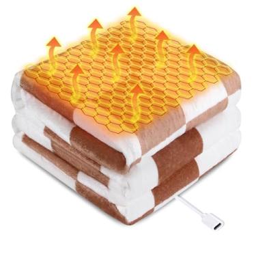 Imagem de Cobertor aquecido alimentado por USB tipo C para mulheres, 127 x 152 cm, 9 V 18 W, cobertor elétrico portátil com estampa de grade marrom com 3 ajustes de calor, cobertores de aquecimento de grafeno