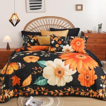 Imagem de EVENHUG Jogo de cama Queen Size com 7 peças, girassol preto, botânico, floral, para todas as estações, edredom com flores, edredom e lençol de cima, lençol com elástico, fronhas (228 x 228 cm)