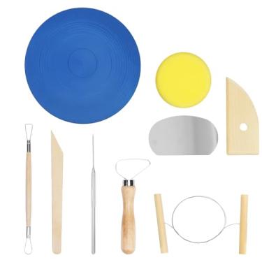 Imagem de eZAKKA Roda de escultura de 11,8 polegadas, roda dupla face de metal resistente com ferramenta de cerâmica para modelagem de modelos de cerâmica, azul, 1+8 peças