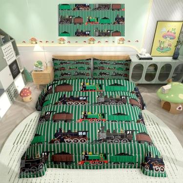 Imagem de Conjunto de cama casal de trem infantil, com motor a vapor, retrô, decoração de quarto de jovens, decoração de quarto de criança, conjunto de colcha reversível, locomotiva a vapor retrô, 3 peças