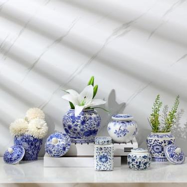 Imagem de Hushee Pequenos potes de gengibre de cerâmica azul e branco vasos de decoração de chinoiserie azul vasos de porcelana e gengibre vasos de porcelana para decoração de casa chinoiserie para quarto mesa