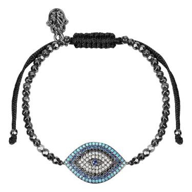 Imagem de Karma and Luck - Visual brilhante – Pulseira feminina com fecho de cordão ajustável, com proteção contra hematita no chão e olho de Hamsá, mão de bronze, 14 cm – 19 cm, hematita, 5.5" - 7.5", hematita