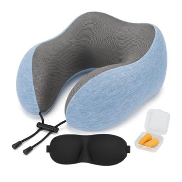 Imagem de Travesseiro de pescoço para viagem – Travesseiro cervical 100% de espuma viscoelástica pura, ergonômico e macio, para dormir e descansar em avião, carro, escritório ou casa (azul)