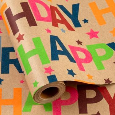 Imagem de MAYPLUSS Rolo de papel de embrulho de feliz aniversário, colorido Kraft para presente de aniversário para meninos, meninas, homens e mulheres, 43 cm x 40 m