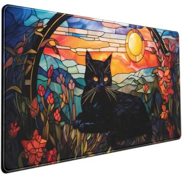 Imagem de Tapete de mesa de gato preto vintage pôr do sol mesa mouse pad teclado pad XXL grande mouse pad laptop mesa mousepad com bordas costuradas, tapete de mouse pad para jogos de trabalho, escritório