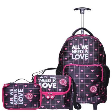 Imagem de Kit Mochila De Rodinha Bolsa Estojo Lancheira Coração -Preto