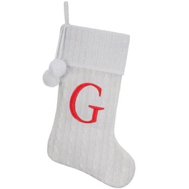 Imagem de Pxniy Meia de Natal personalizada de 48 cm - malha branca com monograma bordado e pompons, cabide de lareira familiar para decoração de férias, letra G branca