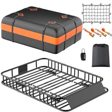 Imagem de Cesto de suporte de teto 129,5 cm x 91,4 cm x 12,7 cm Cesto de carga universal para telhado com bolsa impermeável de 15 metros cúbicos, rack de teto resistente para caminhão SUV e rede de carga com