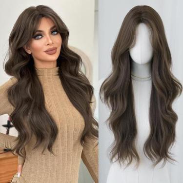 Imagem de Peruca 7JHHWIGS Tea Brown Fibra Sintética 75cm com franja - 7JHH WIGS
