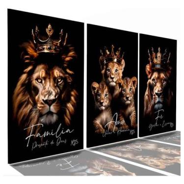 Imagem de Quadro Decorativo Kit 3 Peças Leão Família 3 Filhotes Leoa Colorido Co