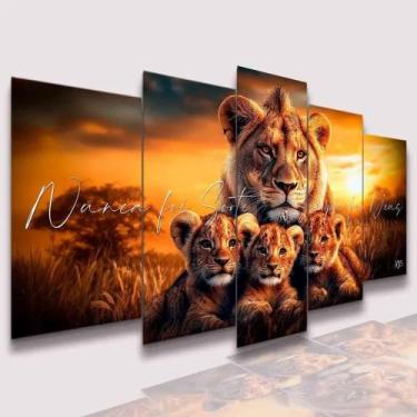 Imagem de Kit Quadro Decorativo 5 Peças Família Leoa Rainha 3 Filhotes Colorido 