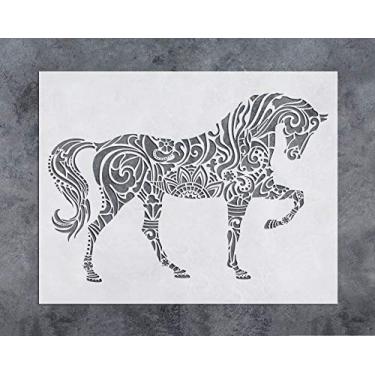 Imagem de GSS Designs Estêncil de decoração de parede de cavalo - Estêncil de cavalo mandala (30 x 40 cm) Estêncil de pintura com corte a laser - Estêncil de madeira de tecido de azulejo de parede de piso