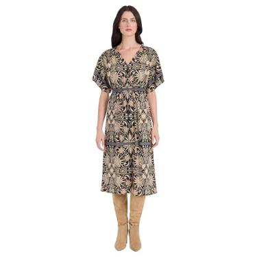 Imagem de The Good Journey Vestidos femininos com decote em V, manga curta, estampa geométrica, midi, Preto/bronze, G