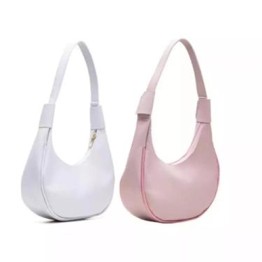 Imagem de Conjunto com 2 Bolsas Femininas de Ombro Estilo Baguete Meia-Lua em Couro – Design Elegante e Moderno com Fecho de Zíper (Branca/Rosa)