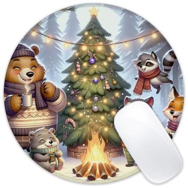 Imagem de Identiy Tapete de mouse pequeno de Natal, fogueira de inverno, animais da floresta, redondo, tapete de mesa para teclado e mouse, base de borracha antiderrapante, bordas costuradas para computador