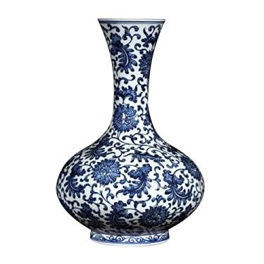 Imagem de Vaso de flores de cerâmica chinês retrô pintado à mão azul e branco vaso de porcelana grande 33,4 cm vasos para decoração de mesa com base para decoração de casa