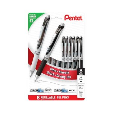 Imagem de Pentel Caneta de gel líquido retrátil EnerGel RTX e Pearl, ponta de metal (0,7 mm), linha média, tinta preta, sem plástico, pacote com 8 (BL77PWPF8A)