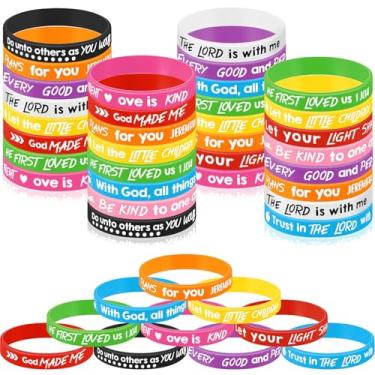 Imagem de Gueevin 60 pulseiras de versículo da Bíblia para crianças, pulseiras de Jesus com escrituras cristãs, pulseiras de borracha motivacionais religiosas, Jesus religioso, escola, operação natalina (cor