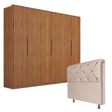 Imagem de Guarda Roupa Atrice 6 Portas Amêndola com Cabeceira Daiana 160 cm Marfim – Demartêz 