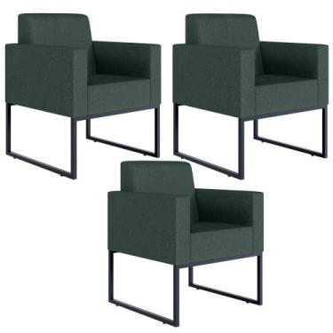 Imagem de Kit 03 Poltronas Base De Metal Linho Verde Musgo - LYAM DECOR
