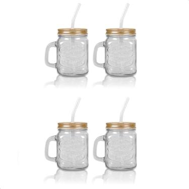 Imagem de Kit 4 Jarrinhas Canecas Retrô Vintage Vidro Tampa de Metal Canudo de Vidro Drink Barzinho Bartender Canudo 480ml