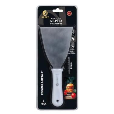 Imagem de Espátula Reta de Cozinha, Aço Inox, 24cm, Cabo Branco, para Hambúrguer e Chapa, Manual, Lâmina Profissional