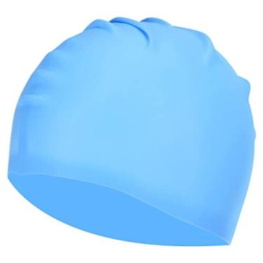 Imagem de Touca de natação de silicone, chapéu de natação à prova d'água, antiderrapante, para adultos e mulheres e homens, corrida, azul claro