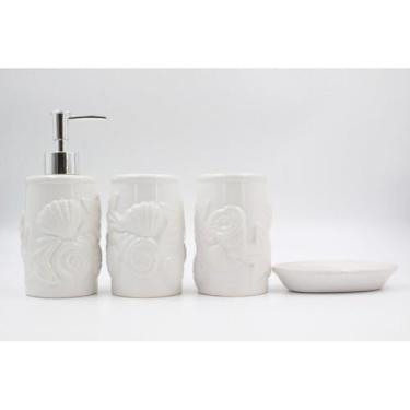 Imagem de Kit Banheiro Cerâmica 4 Peças Moderno – Porta Sabonete Líquido Saboneteira Porta Escova e Porta Algodão Elegante para Lavabo (KB3005-BRANCO)