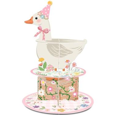 Imagem de HAPPARTY Pink One Silly Goose Decorações de aniversário, suporte de cupcake de ganso de 3 camadas para tema de fazenda, suprimentos de festa de chá de bebê