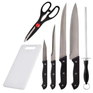 Imagem de Jogo De Facas Faqueiro 7 Peças Aço Inox Churrasco Cozinha Com Tábua