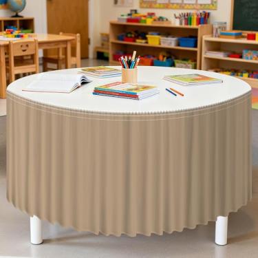 Imagem de Saia de mesa marrom de 2,5 m com babados para decoração de sala de aula, toalha de mesa retangular, toalha de mesa redonda, saia para artigos de festa escolar, jardim de infância, escritório, estante