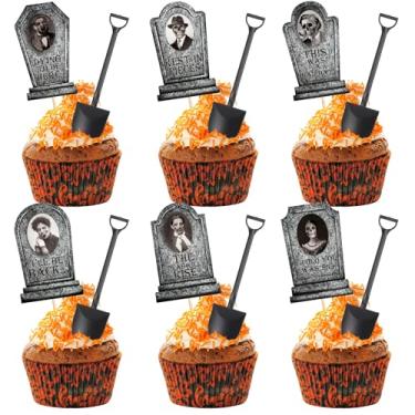 Imagem de AceOrbit 48 Pcs Halloween Cupcake Toppers with 3D Changing Face Moving Picture Novelty Mini Shovel Spoons Tombstones Graveyard Cake Decorations for Halloween Birthday Party Supplies (Marble Style)