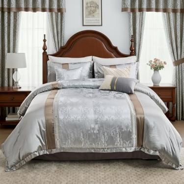 Imagem de Quilta Conjunto de edredom Queen, 7 peças, luxuoso, com tecido jacquard, cama de alta qualidade para todas as estações em uma bolsa com 1 saia, 2 fronhas, 3 travesseiros decorativos, cinza